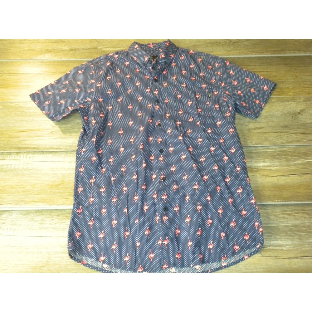 Molokai‎ Surf Co Shirt Mens M Blue Polka Dot Pink Flamingo AOP Dotted Flamingo
